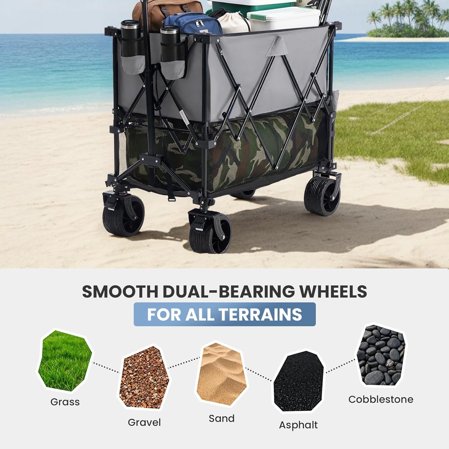 440LBS Heavy Duty Double Decker Wagon with 51IN Extender, 400L Large Capacity Collapsible Garden Cart, All-Terrain 7IN Wheels with Brakes, Foldable Utility Wagon for Shopping, Camping, Grey