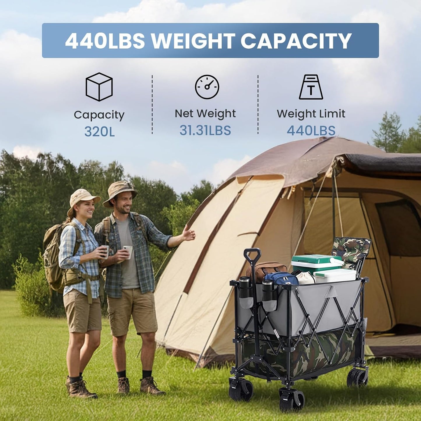 440LBS Heavy Duty Double Decker Wagon with 51IN Extender, 400L Large Capacity Collapsible Garden Cart, All-Terrain 7IN Wheels with Brakes, Foldable Utility Wagon for Shopping, Camping, Grey