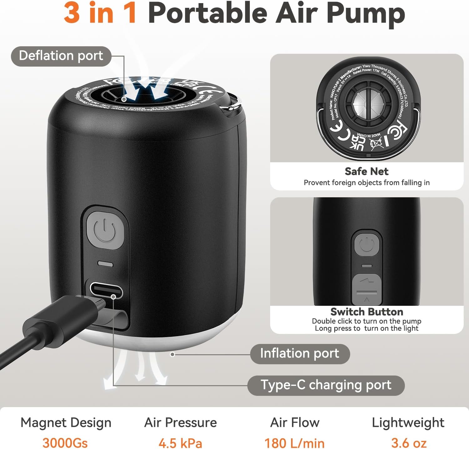 Mini Air Pump: 1600Mah Rechargeable Air Pump for Inflatables with Hook and Light Function, Air Mattress Pump for Pool Floats, Sleeping Pads, Swimming Ring, Vacuum Storage Bags, 3.6Oz