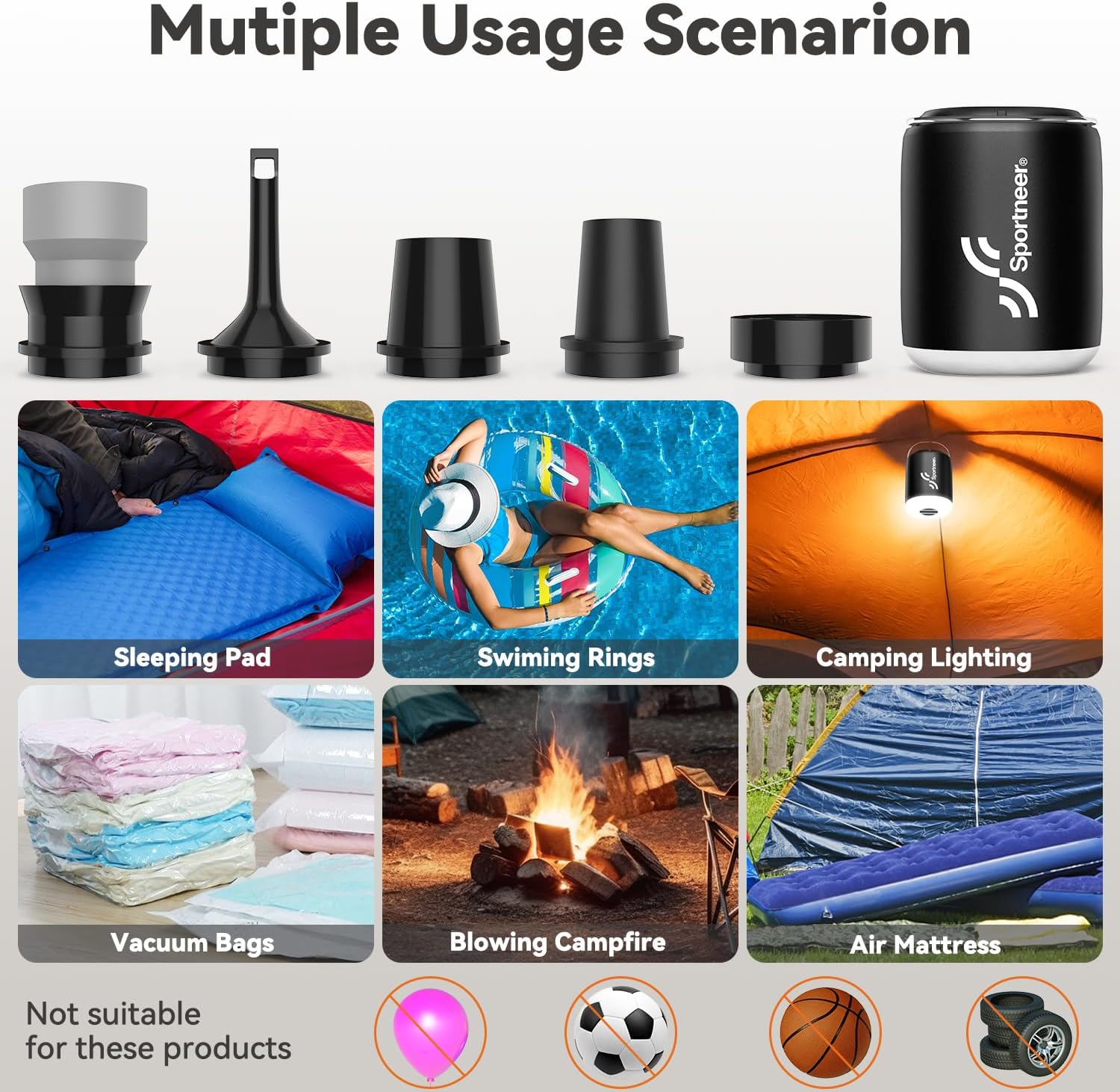 Mini Air Pump: 1600Mah Rechargeable Air Pump for Inflatables with Hook and Light Function, Air Mattress Pump for Pool Floats, Sleeping Pads, Swimming Ring, Vacuum Storage Bags, 3.6Oz
