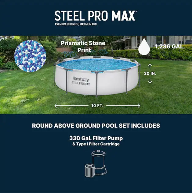 Bestway Steel Pro MAX 10 Feet X 30 Inches round above Ground Outdoor Swimming Pool with Pump, above Ground Pool, Swimming Pool, Steel Frame Pool, Family Swimming, Filter Pump, Backyard Swimming