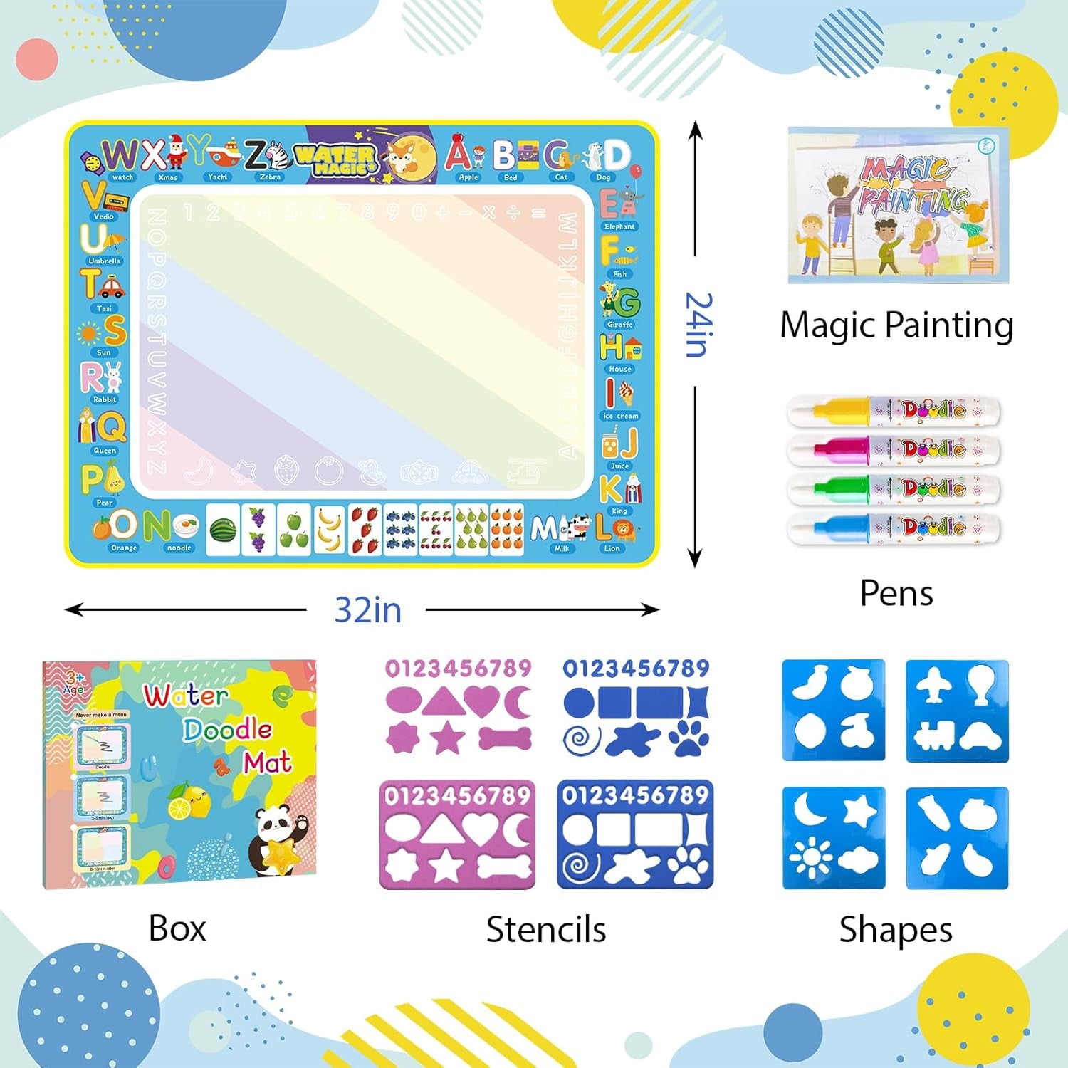 Water Doodle Mat Kids Mess Free Coloring Doodle Mat Educational Toys for 3 4 5 6 7 8 Years Old with Magic Pens Educational Toys Toddler Boys Girls Christmas Birthday Holiday Present