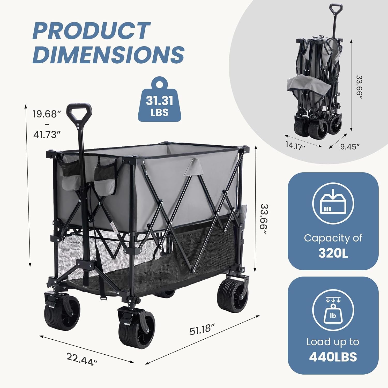 440LBS Heavy Duty Double Decker Wagon with 51IN Extender, 400L Large Capacity Collapsible Garden Cart, All-Terrain 7IN Wheels with Brakes, Foldable Utility Wagon for Shopping, Camping, Grey