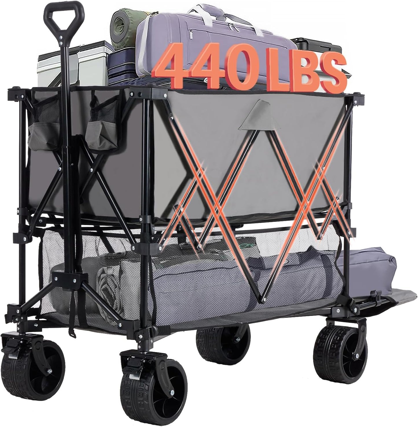 440LBS Heavy Duty Double Decker Wagon with 51IN Extender, 400L Large Capacity Collapsible Garden Cart, All-Terrain 7IN Wheels with Brakes, Foldable Utility Wagon for Shopping, Camping, Grey