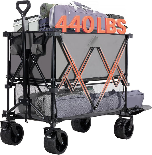 440LBS Heavy Duty Double Decker Wagon with 51IN Extender, 400L Large Capacity Collapsible Garden Cart, All-Terrain 7IN Wheels with Brakes, Foldable Utility Wagon for Shopping, Camping, Grey