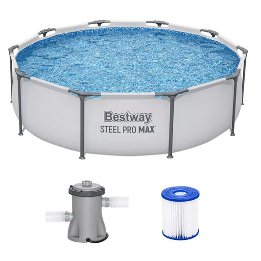 Bestway Steel Pro MAX 10 Feet X 30 Inches round above Ground Outdoor Swimming Pool with Pump, above Ground Pool, Swimming Pool, Steel Frame Pool, Family Swimming, Filter Pump, Backyard Swimming