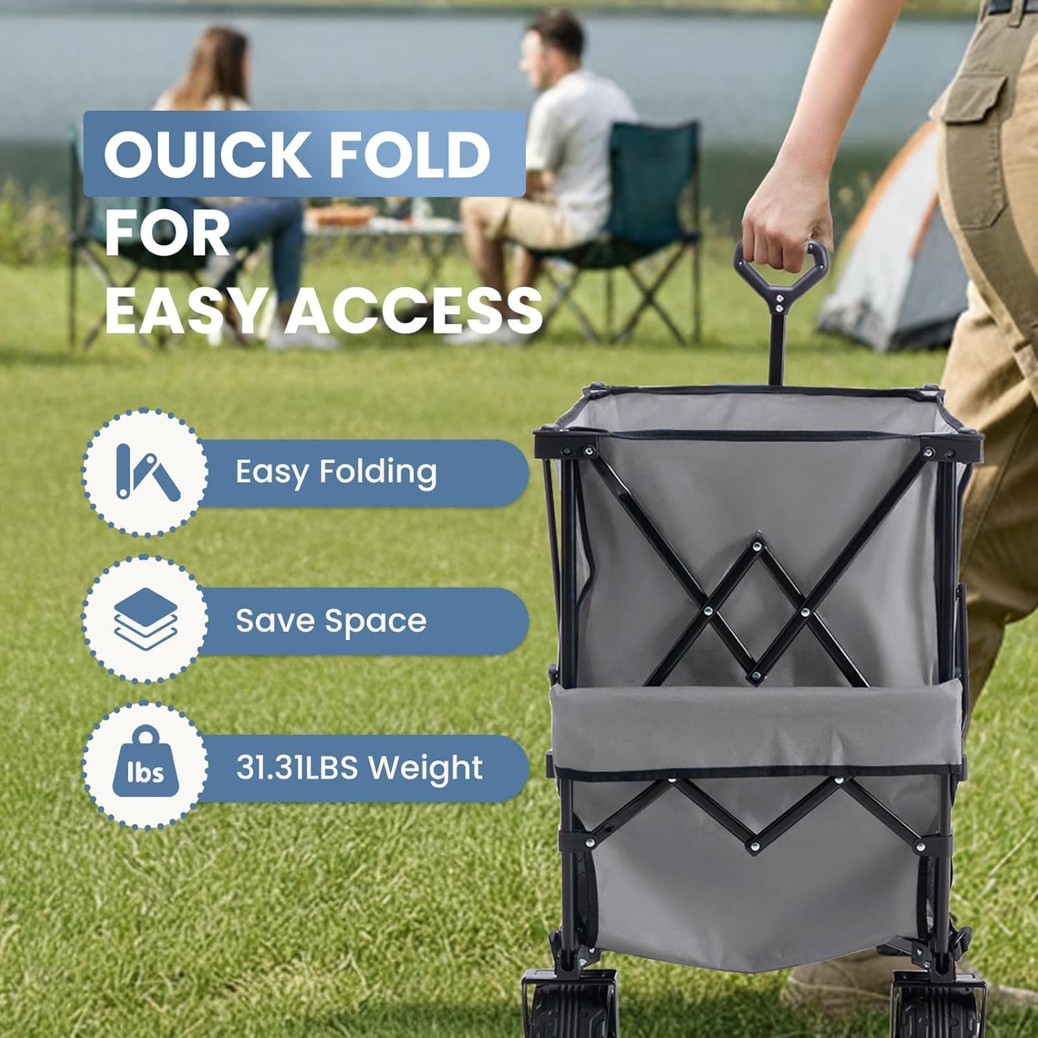 440LBS Heavy Duty Double Decker Wagon with 51IN Extender, 400L Large Capacity Collapsible Garden Cart, All-Terrain 7IN Wheels with Brakes, Foldable Utility Wagon for Shopping, Camping, Grey